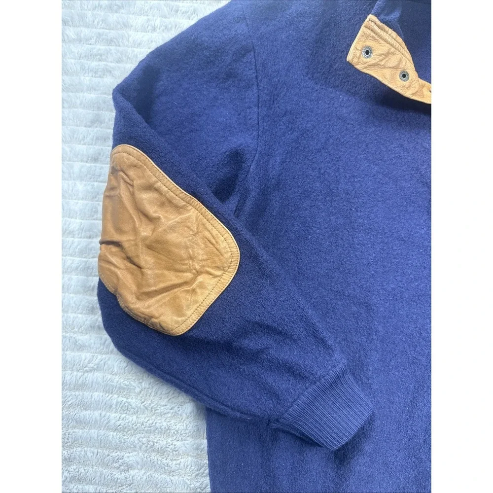 Orvis Vintage 100% Wool T Snap Sweater L‎ Leather Elbow Patch Pullover Blue